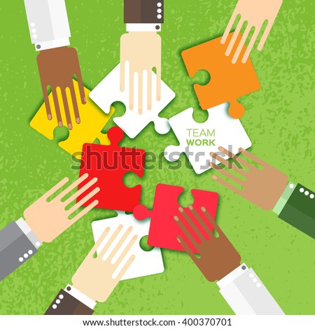 Hands together team work. Hands of different colors, cultural and ethnic diversity. Business matching. Connecting white puzzle elements. Make a puzzle on green background. Vector illustration