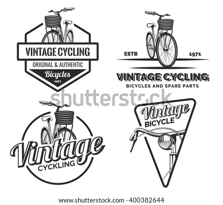 Set of vintage road bicycle labels, emblems, badges or logos isolated on white background. Handcrafted bicycle repair, service and classic design elements. Isolated bicycle isometric view. Vector.