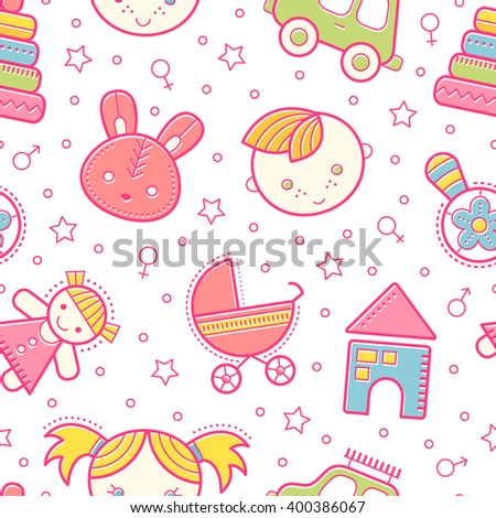 Seamless baby pattern with colorful babyish elements (toys, boys and girls). Happy bright color palette