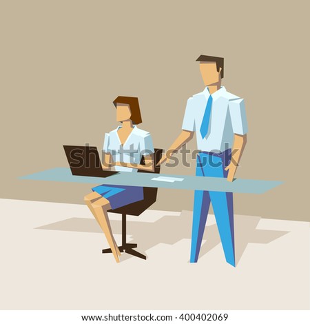 Isometric Businesswoman sitting office desk. Businessman give paper. Concept of secretary working on a laptop in the office. Business people vector illustration. Can be used for web infographics