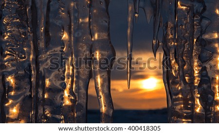 Setting sun is reflected in icicles.
