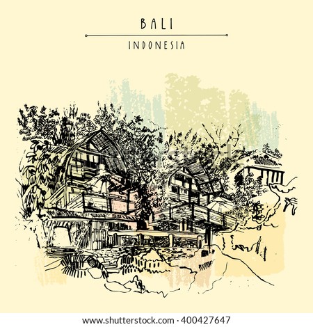 A beautiful hotel on the rocks at Padang Padang surf beach, Bali, Indonesia, Southeast Asia. Hand drawing. Travel sketch. Book illustration, postcard or poster template in vector