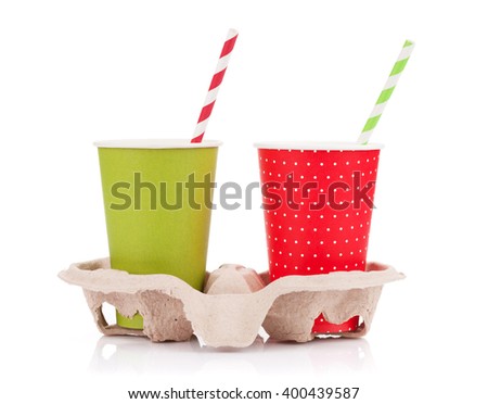 Two paper cups with takeaway drinks. Isolated on white background