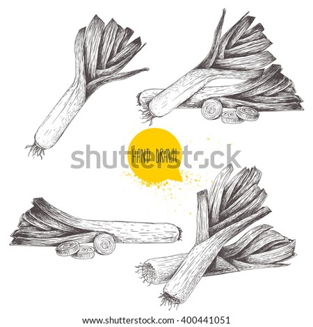 Hand drawn sketch style fresh leeks set isolated on white background. Single and composition with slices. Vintage illustration of healthy organic food.  Royalty-Free Stock Photo #400441051