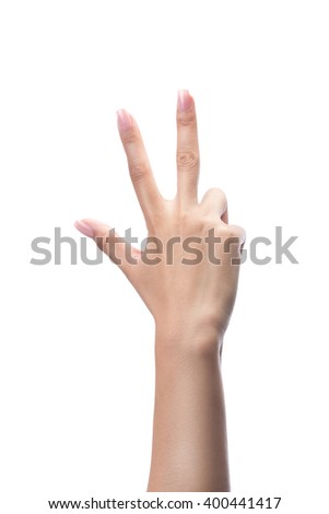 Counting woman hands three, number 3, isolated on white with clipping path