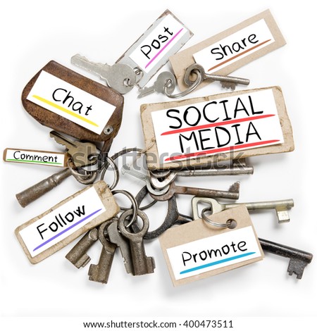 Photo of key bunch and paper tags with SOCIAL MEDIA conceptual words