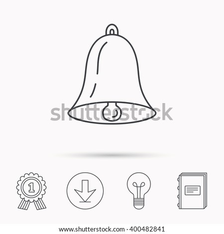 Bell icon. Sound sign. Alarm handbell symbol. Download arrow, lamp, learn book and award medal icons.
