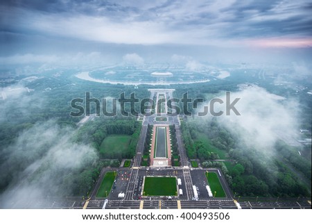 Luzhniki sport complex and cloiudy sky at summer morning in Moscow, Russia, view from MSU Royalty-Free Stock Photo #400493506