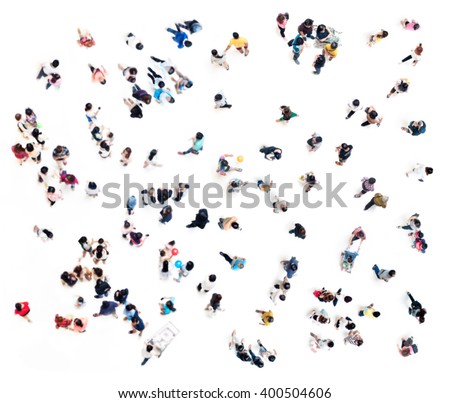 Crowd of people blurred on white background from top view ,bird eye view
