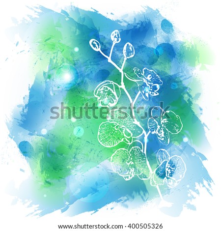 vector abstract background watercolor stylized with outline orchid branch. illustration. eps10.
