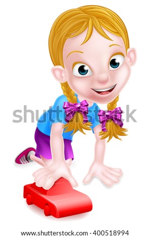 Cartoon little girl playing with a toy red car