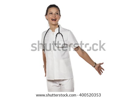 happy young woman doctor on a white background