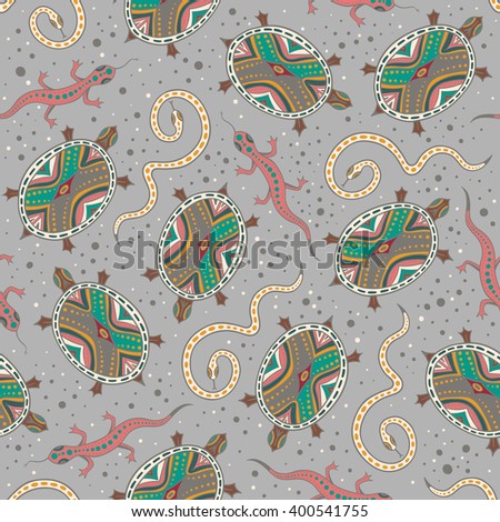 Seamless hand drawn pattern with snakes, turtles and lizard. Vector illustration.