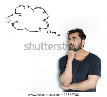 Young Indian Man thinking of thought bubble on white Background