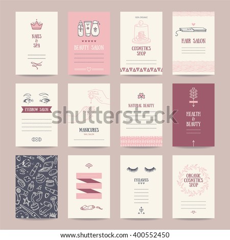 Cosmetics shop business cards, beauty parlor invitations, nail salon flyer, spa banner. Artistic templates collection with thin line symbols and hand drawn design elements. Isolated vector.