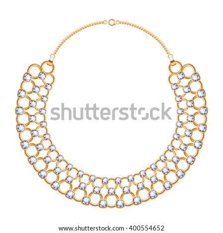 Many chains golden metallic necklace with diamonds gemstones. Personal fashion accessory design.
