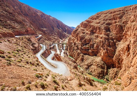 Dades Gorge is a gorge of Dades River in Atlas Mountains in Morocco. Dades Gorge depth is from 200 to 500 meters. Royalty-Free Stock Photo #400556404