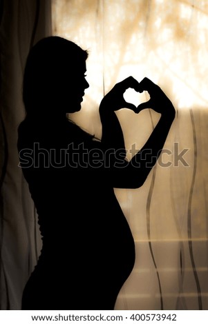 Silhouette of expectant mother in front of a window