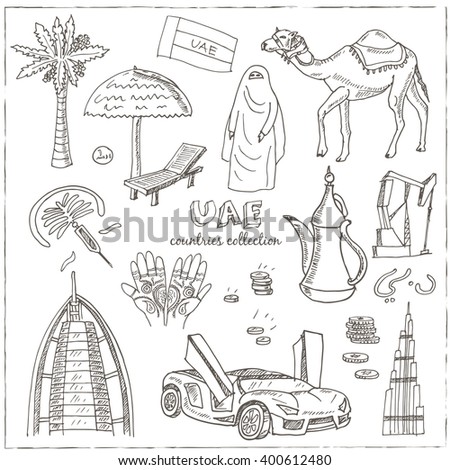 Hand drawn doodle UAE travel set. Sketchy Icons set with food icons United Arab Emirates elements, Flag Dubai, Camel, Oil. Muslim Travel  Collection.Isolated vector illustration.