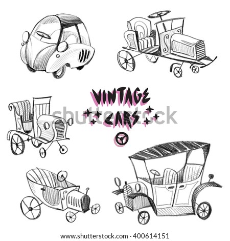 Retro Doodle Set / Sketchy childish vintage cars drawings/ Isolated high resolution scan