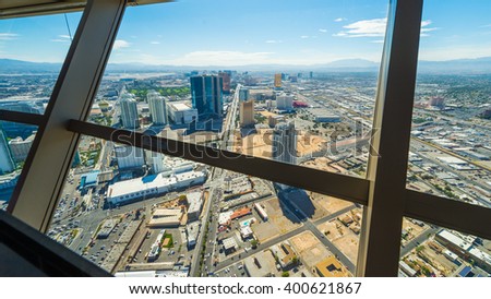 Las Vegas cityscape panorama from the top of the Stratosphere Tower with architectural details, Las Vegas, USA Royalty-Free Stock Photo #400621867
