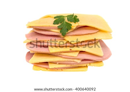 Pile of cheese with sausage isolated on white
