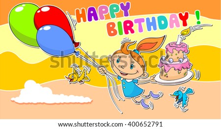 Birthday girl, flies on balloons, in a hand holding a cake, on cake candle, flying birds