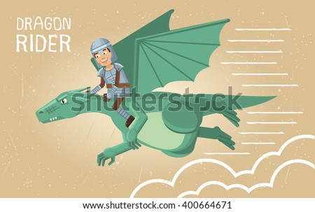 Illustration of a medieval knight flying on a dragon. Dragon rider, fantasy characters. Old paper background. Flat style vector illustration