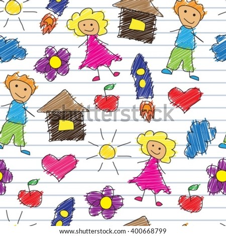 Seamless background with multi-colored children's scribbles on a background of lined notebook paper