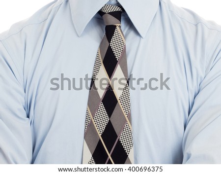Man wearing wrinkled blue shirt with necktie, isolated on white