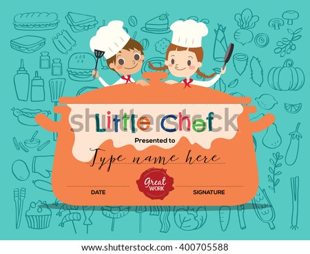 Kids Cooking class certificate design template with little chef cartoon illustration