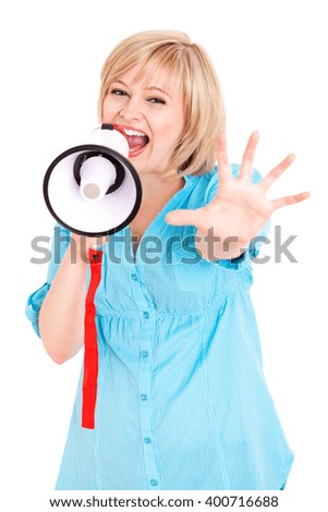 young blonde girl with megaphone isolated on white