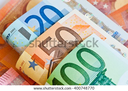 100, 50, 20, 10 euro banknotes, close up
