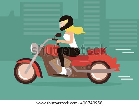 Girl on a motorcycle. Vector isolated illustration. Cartoon character. 