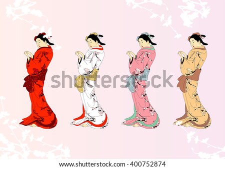 geisha girl  with japanese print. set
