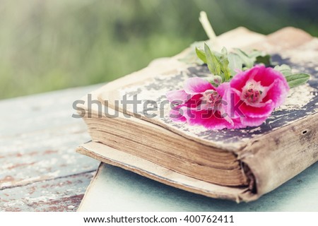 Vintage books with bouquet of field flowers/ nostalgic summer background