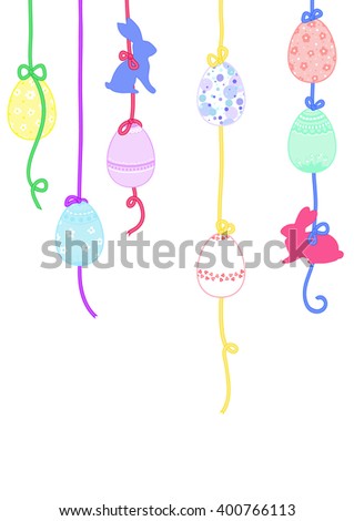 Happy Easter greeting card or background. Easter bunny and Easter eggs with ornaments hung on ribbons with bows. Vector illustration
