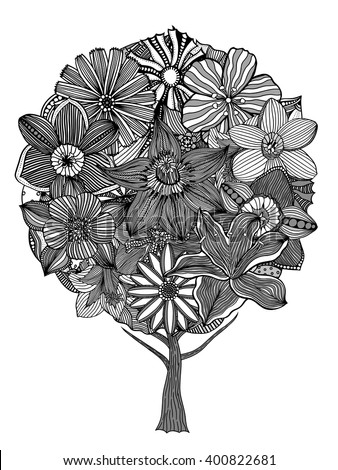 Tree with leaves and flowers. Vector. Coloring book page for adults. Hand drawn. Bohemia concept for wedding invitation, card, ticket, branding, logo, label. Black and white