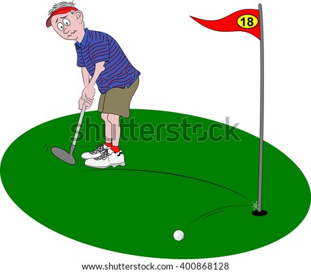 Vector cartoon illustration depicting a golfer looking dismayed, holding golf club as his golf ball hits the flagpole and bounces off. 