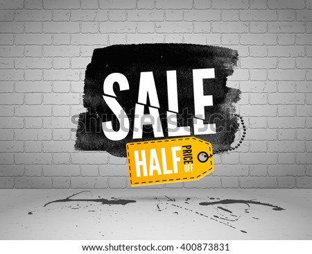 Black market half price off sale graphic poster with shopping tag. Big sale banner on grunge brick wall background.