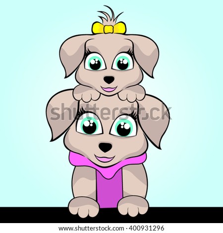 Cute dog puppies with pink and yellow bow. illustration Vector