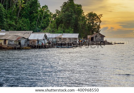 Small Village at sunset. Togean Islands or Togian Islands in the Gulf of Tomini. Central Sulawesi. Indonesia