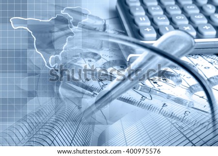 Financial background in blues with map, calculator, graph, glasses and pen.