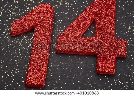 Number fourteen red color over a black background. Anniversary. Horizontal