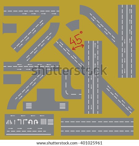 Collection of Isolated, can be connected Highway Elements. You can move some parts of elements in needed way.  Set of few arrows and dividing strip, you can add any of them wherever you want 
