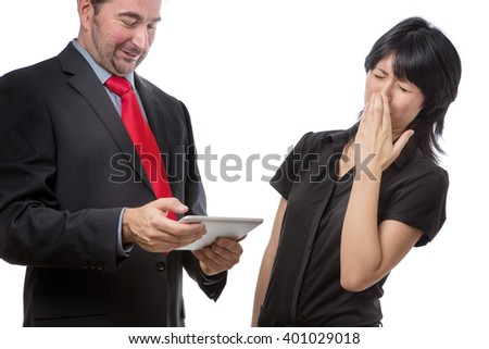 Studio shot showing co worker holding a mobile device with bad breath, isolated on white  Royalty-Free Stock Photo #401029018