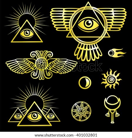 Set of esoteric symbols: wings, pyramid, eye, moon, sun, comet, star. The isolated golden contour on a black background.