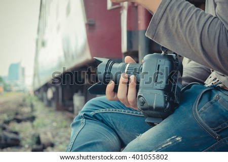 Photographer and Thai train , process in vintage style