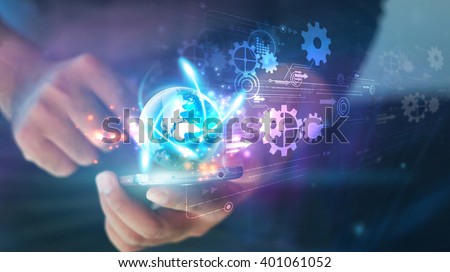 Hand touch screen smart phone.Digital technology concept,Social media