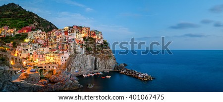 Manarola, Cinque Terre (Italian Riviera, Liguria) high definition panorama at twilight Royalty-Free Stock Photo #401067475